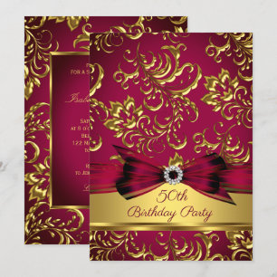 Invitation Burgundy Plum Red Gold Damask 50e anniversaire fêt