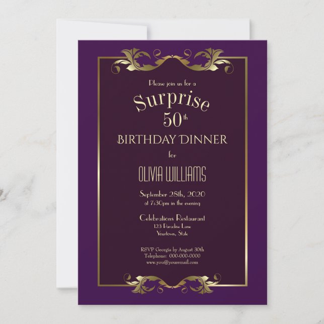 Invitation Burgundy Purple Gold Surprise 50e anniversaire Dîn (Devant)