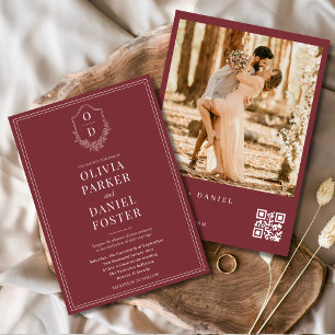 Invitation Burgundy QR Code Classic Crest Photo Mariage
