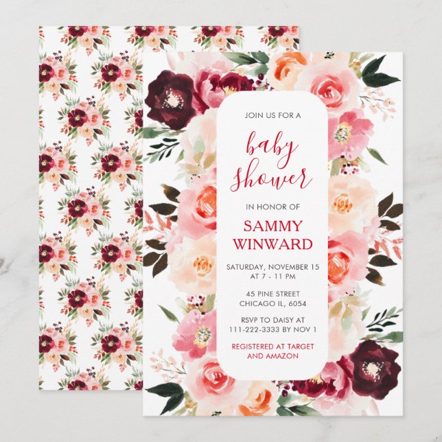 Invitation Burgundy Red and Blush Pink Floral Baby Shower (Devant / Derrière)