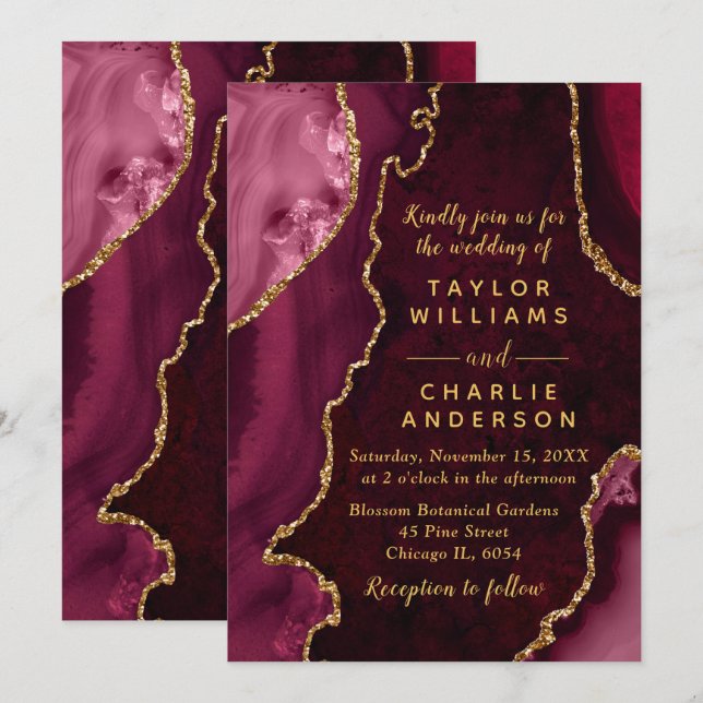 Invitation Burgundy Red and Gold Agate Marble Wedding (Devant / Derrière)