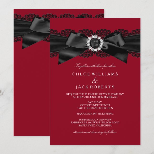 Invitation Burgundy Red & Black Pearl Bow Wedding Invite (Devant / Derrière)