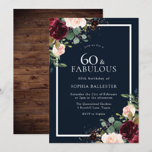 Invitation Burgundy Red Blush Floral Navy 60e fête d'annivers