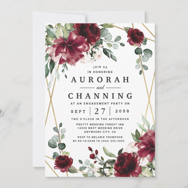 Invitation Burgundy Red Blush Gold Green Party (Devant)