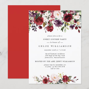 Invitation Burgundy Red Blush Rose Floral Sweet sixteen Party
