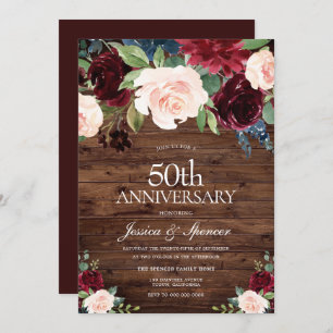Invitation Burgundy Red Blush Rustic 50e anniversaire de Mari