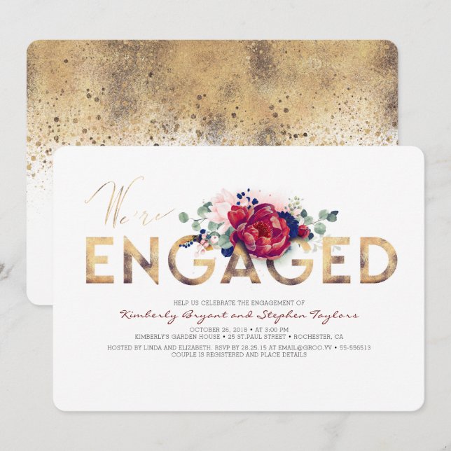 Invitation Burgundy Red et Navy Blue Floral Engagement Party (Devant / Derrière)