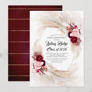 Invitation Burgundy Red Floral Pampas Graduation Party