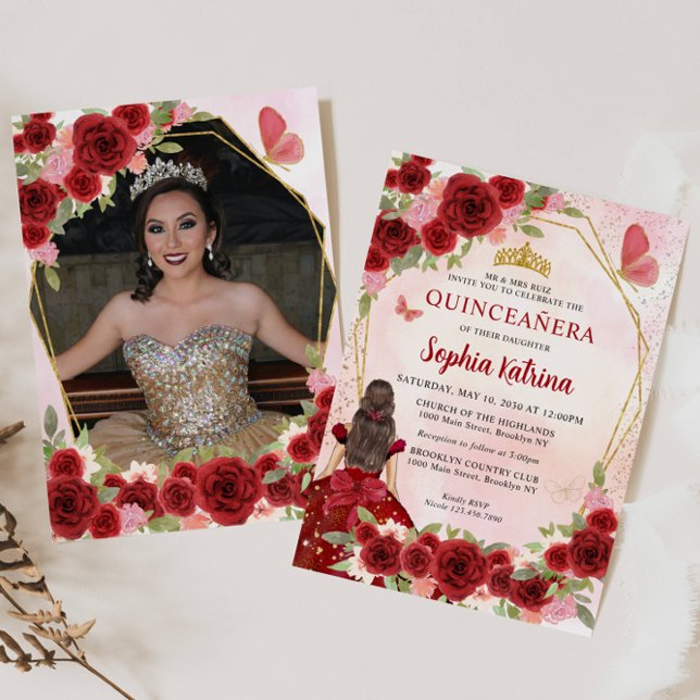 Invitation Burgundy Red Floral Princess Quinceañera Photo (Créateur téléchargé)