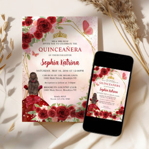 Invitation Burgundy Red Glam Gold Floral Princess Quinceañera
