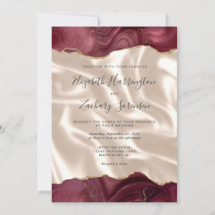 Invitation Burgundy Red Gold Agate Ivory Silk QR Code Mariage