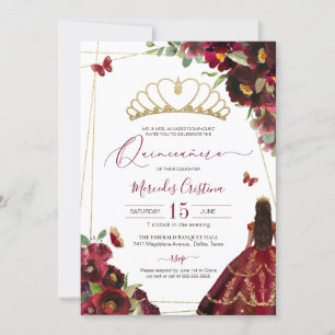 Invitation Burgundy Red Gold Butflies Quince Gown Anniversair