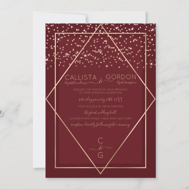 Invitation Burgundy Red Gold Confetti Geo Mariage frontière (Devant)