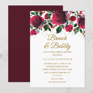 Invitation Burgundy Red Gold Floral Brunch Et Bubbly