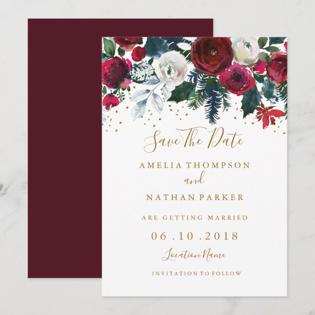 Invitation Burgundy Red Gold Floral Noël Enregistrer la date (Devant / Derrière)