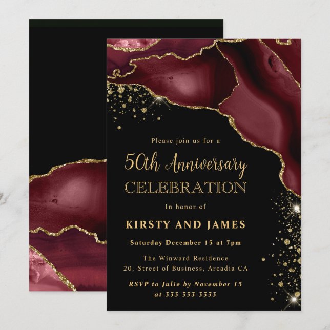 Invitation Burgundy Red & Gold Glitter Agate 50e Anniversaire (Devant / Derrière)
