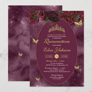 Invitation Burgundy Red Gold Luxury Butterfly Quinceanera