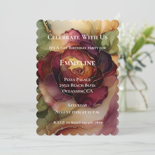 Invitation Burgundy Red Gold Rose Floral Anniversaire (Debout devant)