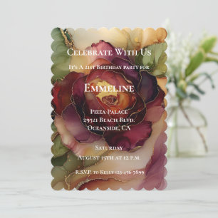 Invitation Burgundy Red Gold Rose Floral Anniversaire