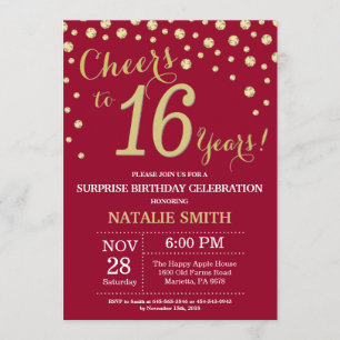 Invitation Burgundy Red Gold Surprise 16e anniversaire Diamon