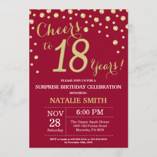 Invitation Burgundy Red Gold Surprise 18e anniversaire Diamon
