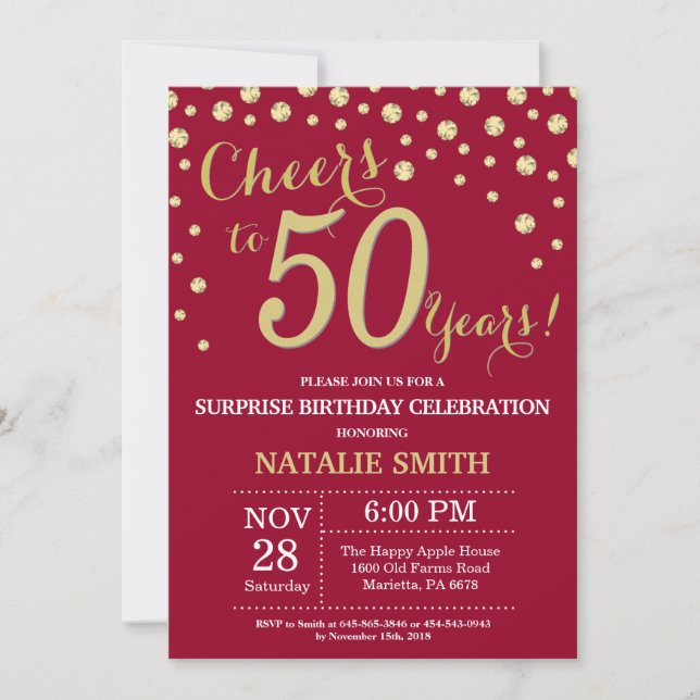 Invitation Burgundy Red Gold Surprise 50e Anniversaire Diamon (Devant)