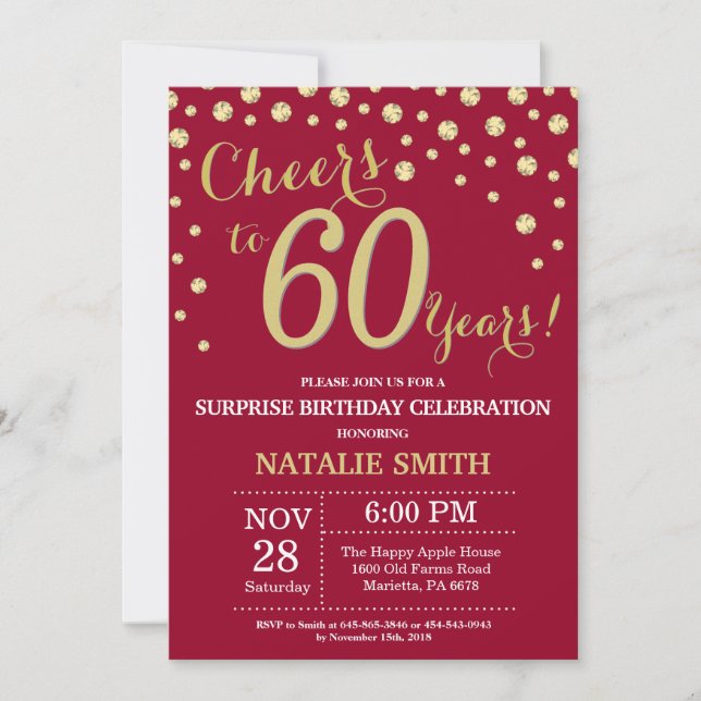 Invitation Burgundy Red Gold Surprise 60e Anniversaire Diamon (Devant)