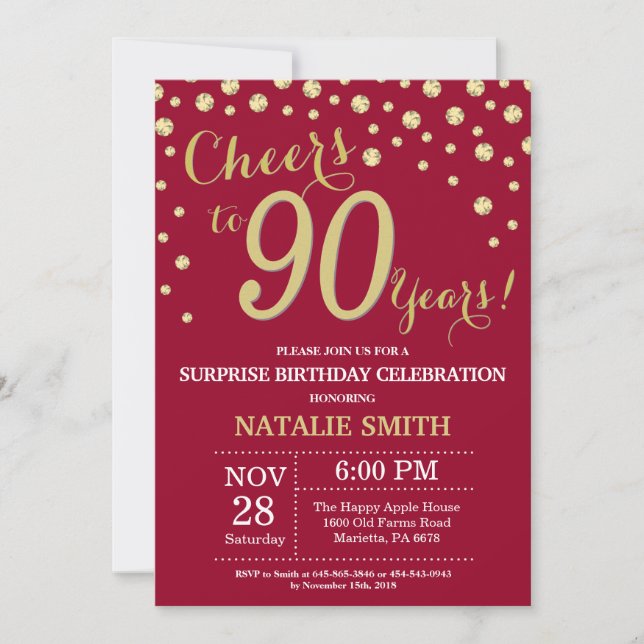 Invitation Burgundy Red Gold Surprise 90e Anniversaire Diamon (Devant)