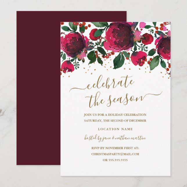 Invitation Burgundy Red Green Gold Fête de Noël Florale (Devant / Derrière)