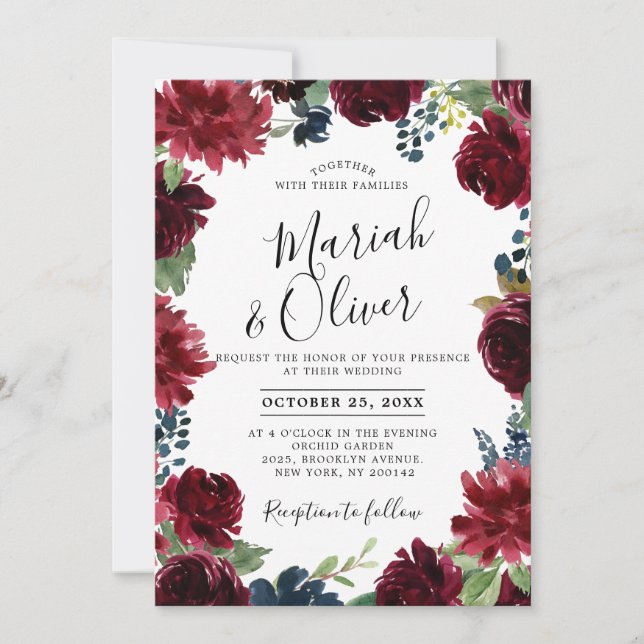 Invitation Burgundy Red Navy Blue Floral Boho Mariage (Devant)