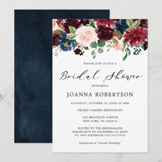 Invitation Burgundy Red Navy Blue Floral Fête des mariées (Devant / Derrière)