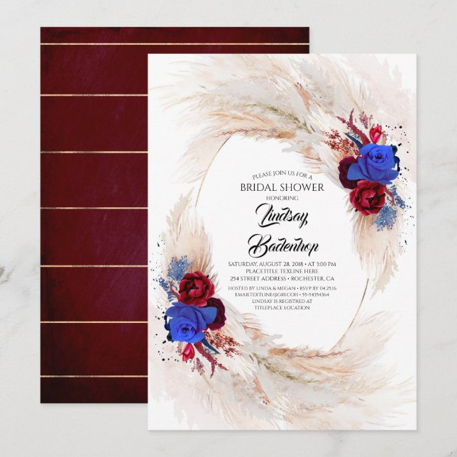 Invitation Burgundy Red Navy Blue Pampas Grass Fête des marié (Devant / Derrière)