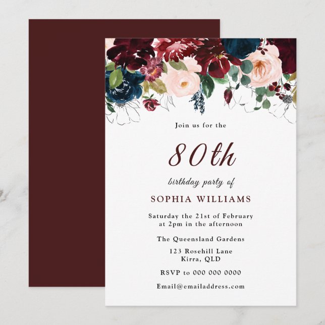 Invitation Burgundy Red Navy Blush Floral 80e fête d'annivers (Devant / Derrière)