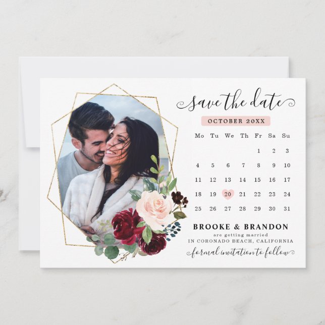 Invitation Burgundy Red Navy Blush Floral Photo Enregistrer l (Devant)