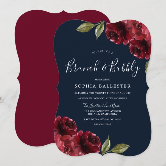 Invitation Burgundy Red & Navy Brunch & Bubbly Fête des marié (Devant / Derrière)