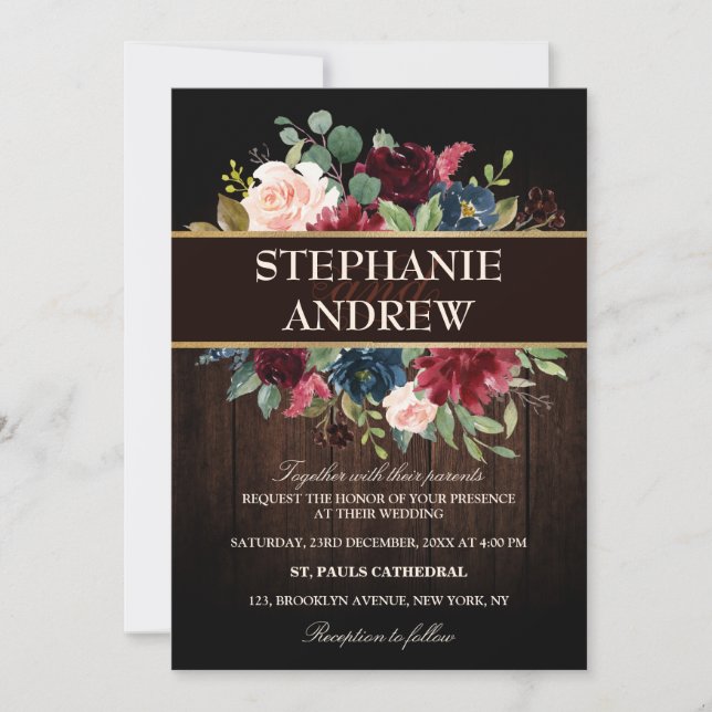 Invitation Burgundy Red Navy Floral Russe mariage en bois (Devant)