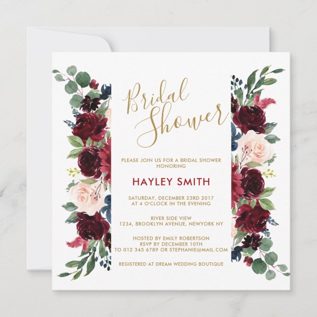 Invitation Burgundy Red Navy Floral Rustic Boho Fête des mari (Devant)