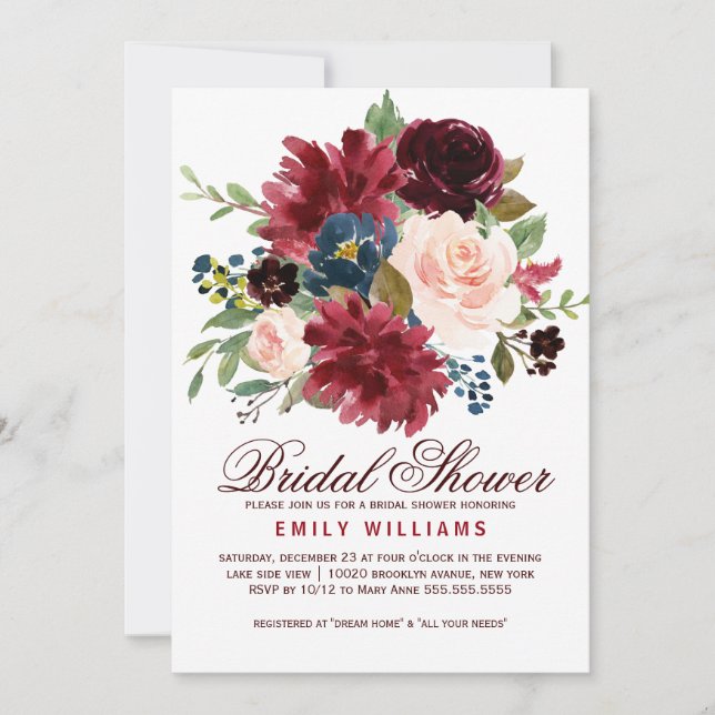 Invitation Burgundy Red Navy Floral Rustic Boho Fête des mari (Devant)