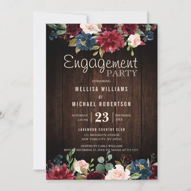 Invitation Burgundy Red Navy Floral Wooden Engagement Party (Devant)