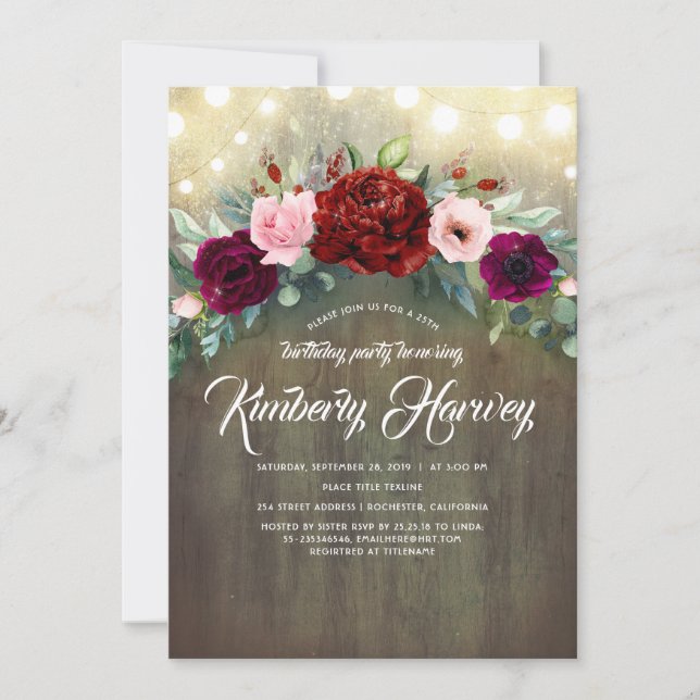 Invitation Burgundy Red Peony Garland Rustique Anniversaire (Devant)