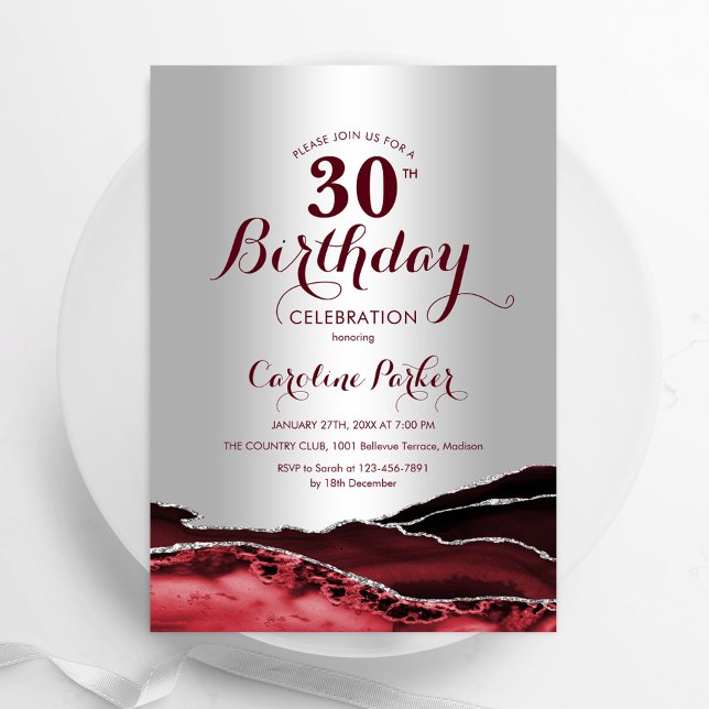 Invitation Burgundy Red Silver Agate 30e fête d'anniversaire (Créateur téléchargé)