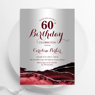 Invitation Burgundy Red Silver Agate 60e fête d'anniversaire