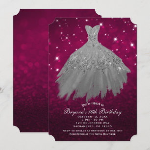 Invitation Burgundy Red & Silver Sparkle Dress Sweet 16 Party