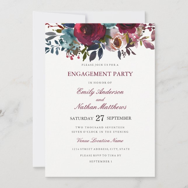 Invitation Burgundy Red Watercolor Mariage (Devant)