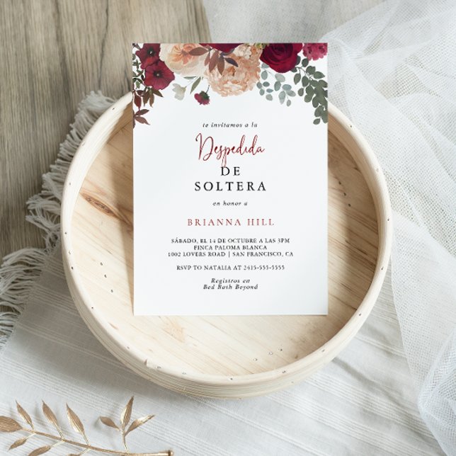 Invitation Burgundy Rose Blush Floral Fête des mariées espagn (Créateur téléchargé)