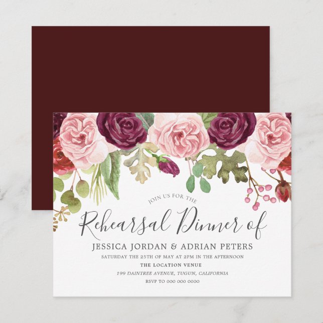 Invitation Burgundy Rose Blush Rose Dîner de répétition moder (Devant / Derrière)