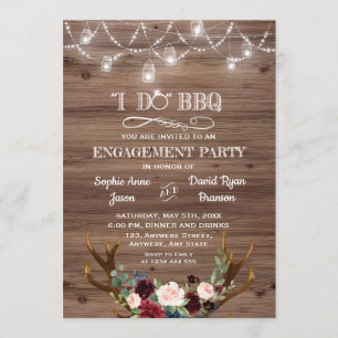 Invitation Burgundy Rose Floral Antlers I DO BBQ Fiançailles