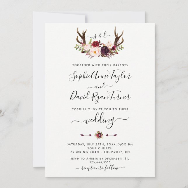 Invitation Burgundy rose Floral Antlers Mariage de calligraph (Devant)