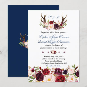 Invitation Burgundy Rose Floral Navy Antlers Monogram Mariage