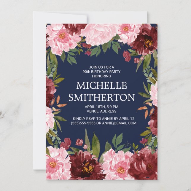 Invitation Burgundy Rose Floral Navy Bleu 90e Anniversaire (Devant)